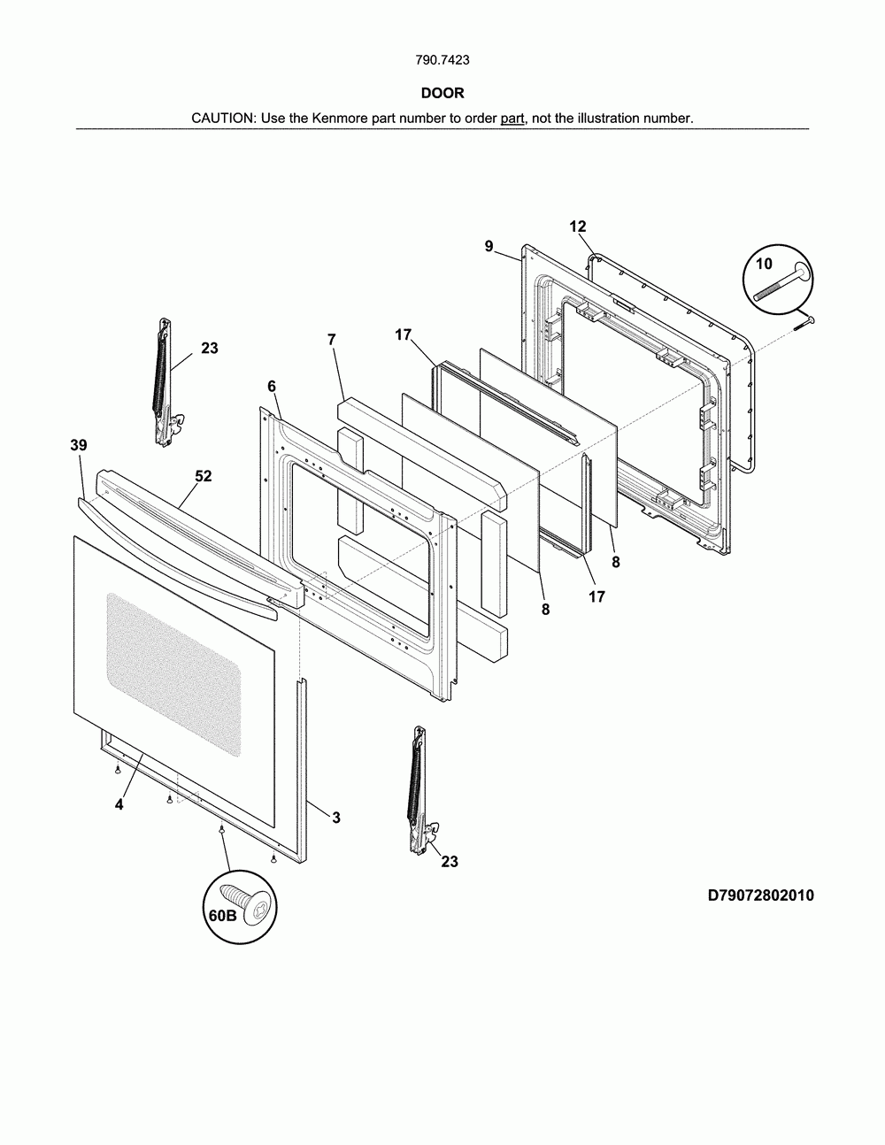 Door Diagram and Parts List for 79074232314  Kenmore Range