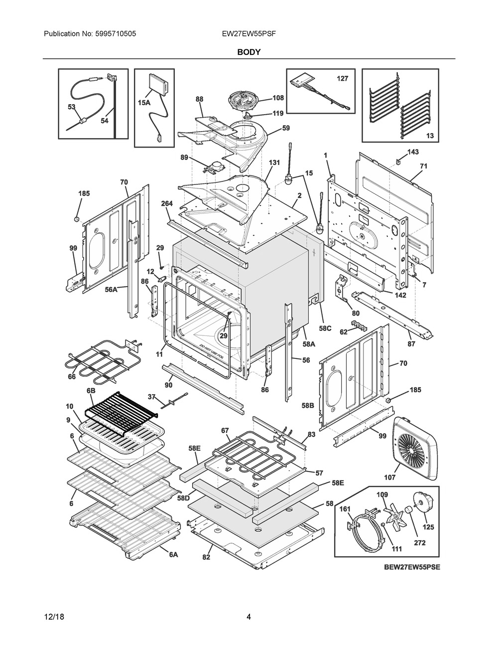 Body Diagram and Parts List for EW27EW55PSF  Frigidaire Wall Oven