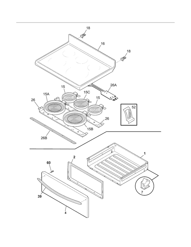 Top/drawer Diagram and Parts List for FGEF3041KFJ  Frigidaire Range
