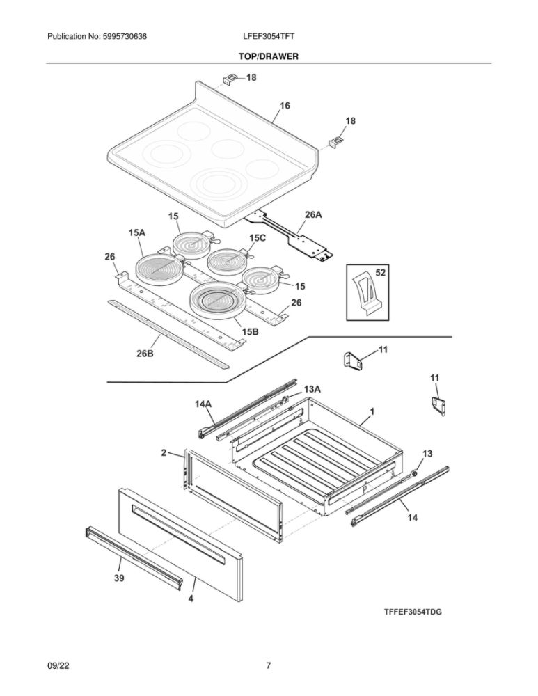 Top/Drawer Diagram and Parts List for LFEF3054TFT  Frigidaire Range