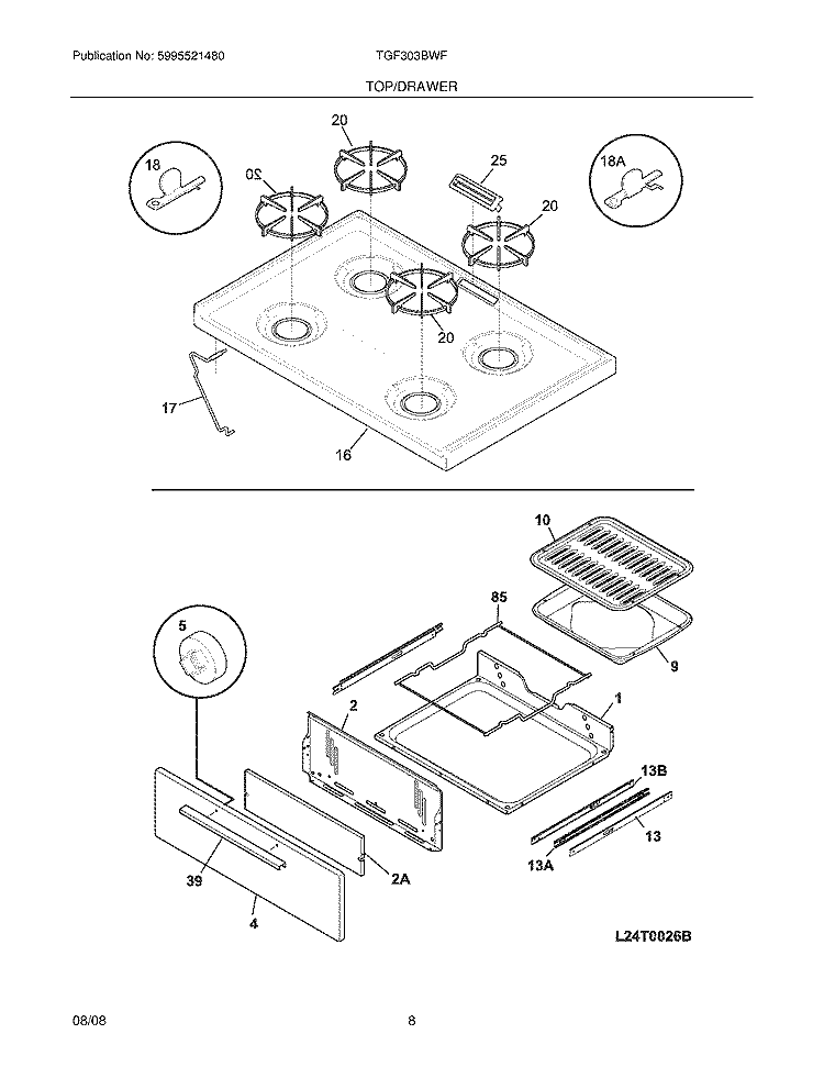 TOP/DRAWER Diagram and Parts List for TGF303BWF  Tappan Range