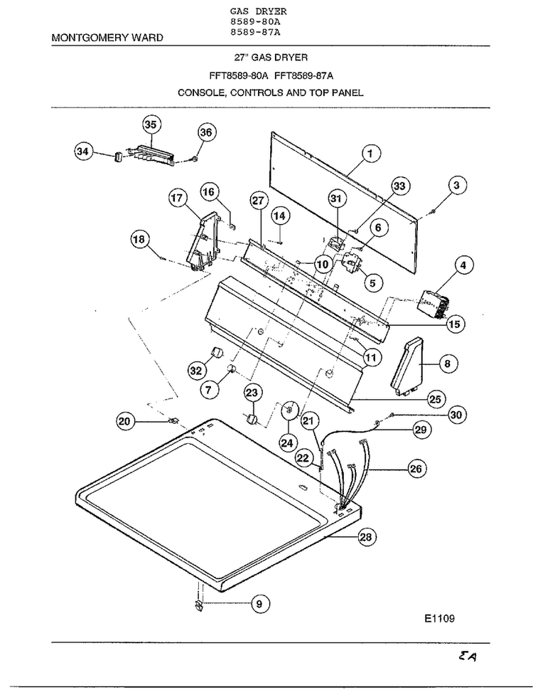 Console, Controls And Top Panel Diagram and Parts List for 8589-87A  Frigidaire Dryer