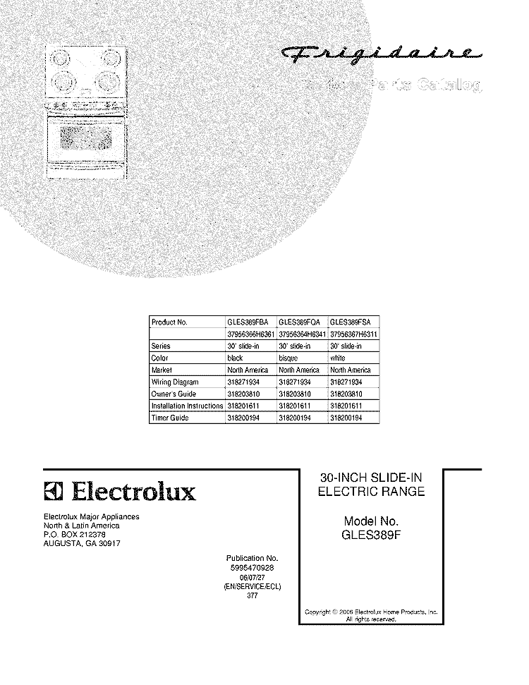 COVER Diagram and Parts List for GLES389FBA  Frigidaire Range