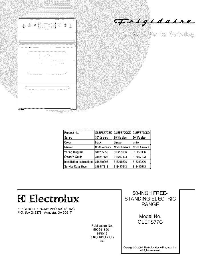 COVER Diagram and Parts List for GLEFS77CQD  Frigidaire Range