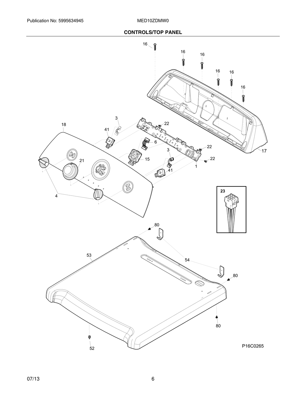 Controls/Top Panel Diagram and Parts List for MED10ZDMW0  Frigidaire Dryer