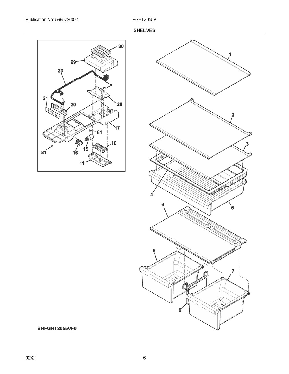 Shelves Diagram and Parts List for FGHT2055VD0  Frigidaire Refrigerator
