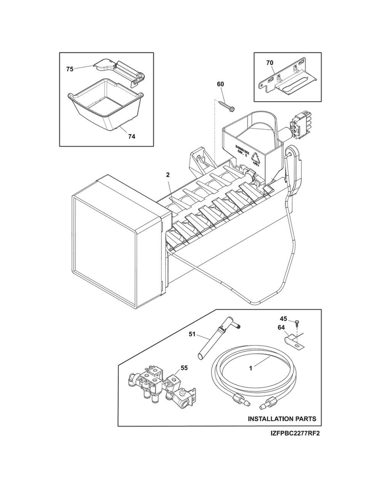 Freezer Ice Maker Diagram and Parts List for FPBC2277RF3  Frigidaire Refrigerator