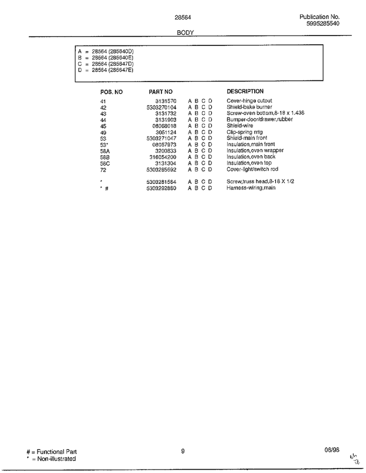 Body Page 4 Diagram and Parts List for 285647D  Frigidaire Range