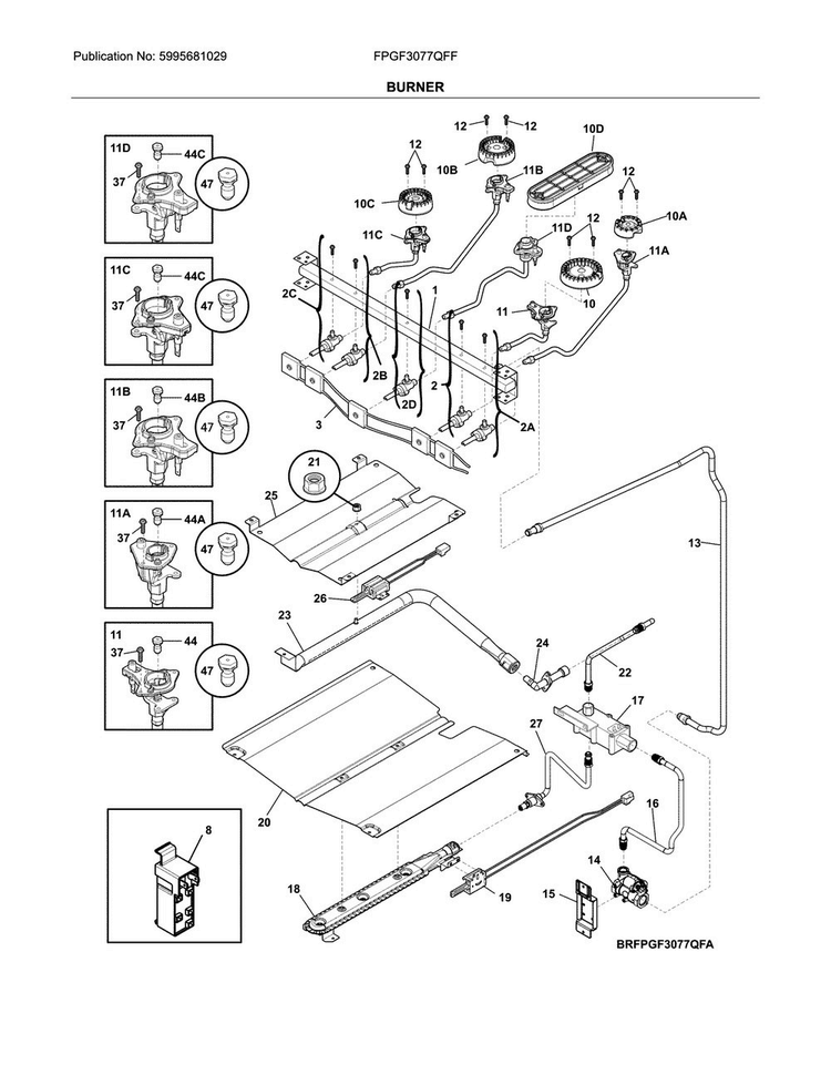 Burner Diagram and Parts List for FPGF3077QFF  Frigidaire Range
