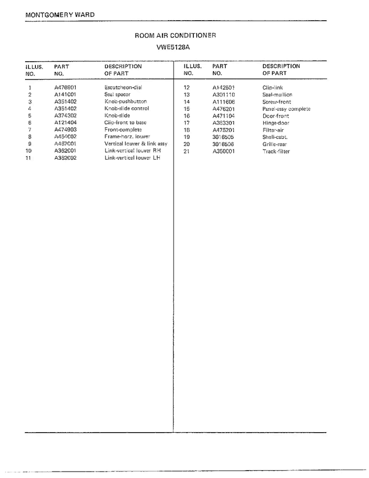 Room Air Conditioner Page 2 Diagram and Parts List for 5128A  Frigidaire Air Conditioner