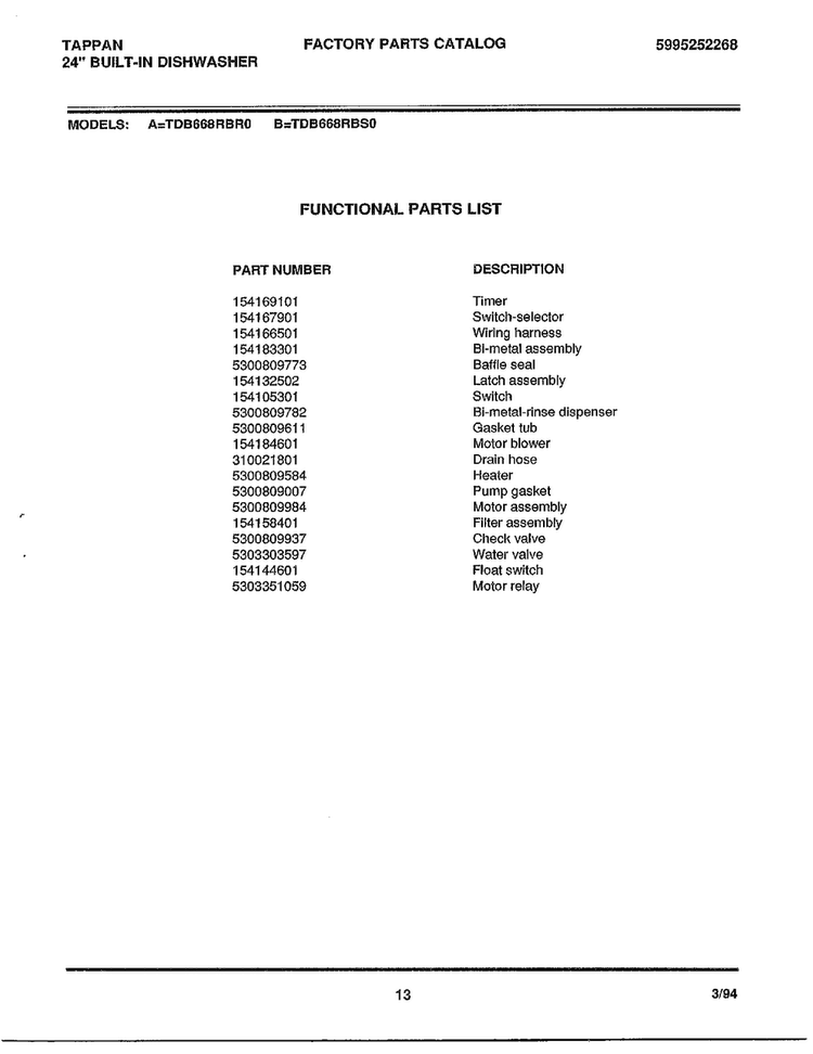 Functional Parts List Diagram and Parts List for 68-1085  Frigidaire Dishwasher