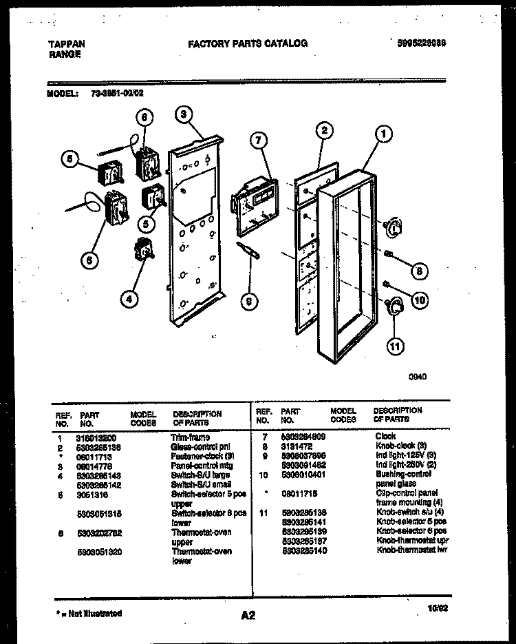 CONTROL PANEL Diagram and Parts List for 73-3951-23-02  Tappan Range