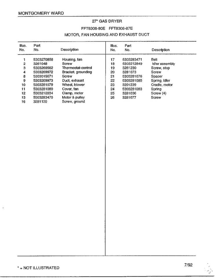 Motor/fan Housing And Exhaust Duct Page 2 Diagram and Parts List for 8308-80E  Frigidaire Dryer