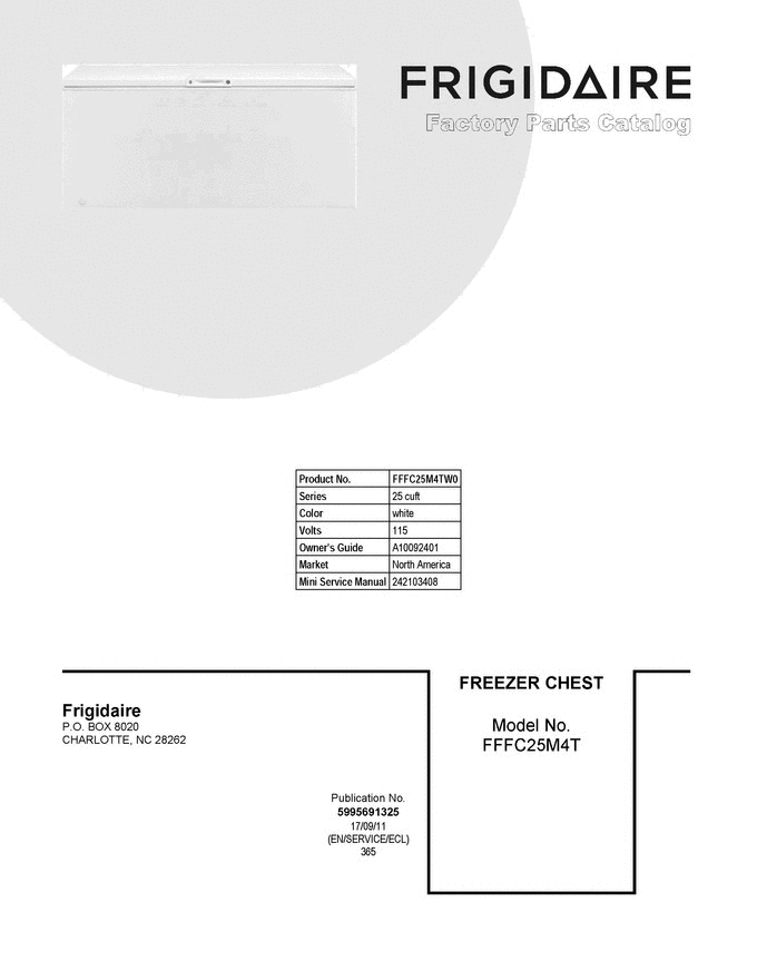 01 - Cover Sheet Diagram and Parts List for FFFC25M4TW0  Frigidaire Freezer