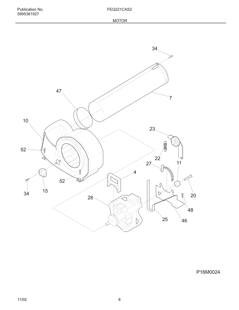 Motor Diagram and Parts List for FEQ221CAS2  Frigidaire Dryer