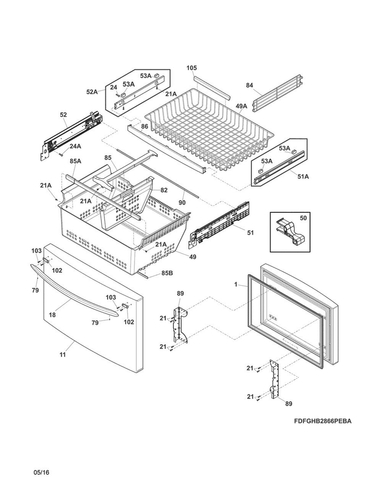 Freezer Drawer, Baskets Diagram and Parts List for FGHN2866PFBA  Frigidaire Refrigerator
