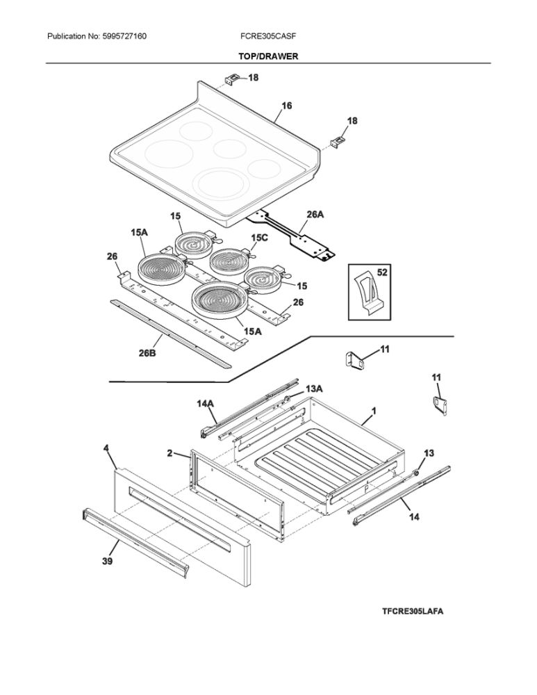 Top/Drawer Diagram and Parts List for FCRE305CASF  Frigidaire Range