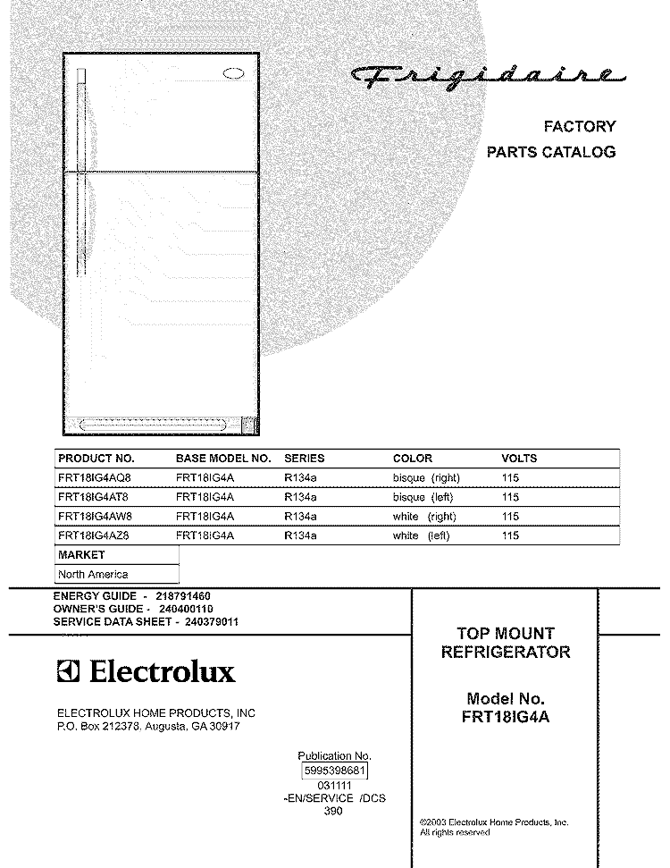 COVER Diagram and Parts List for FRT18IG4AZ8  Frigidaire Refrigerator