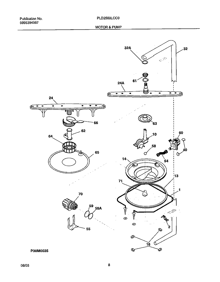 MOTOR & PUMP Diagram and Parts List for PLD2560LCC0  Frigidaire Dishwasher