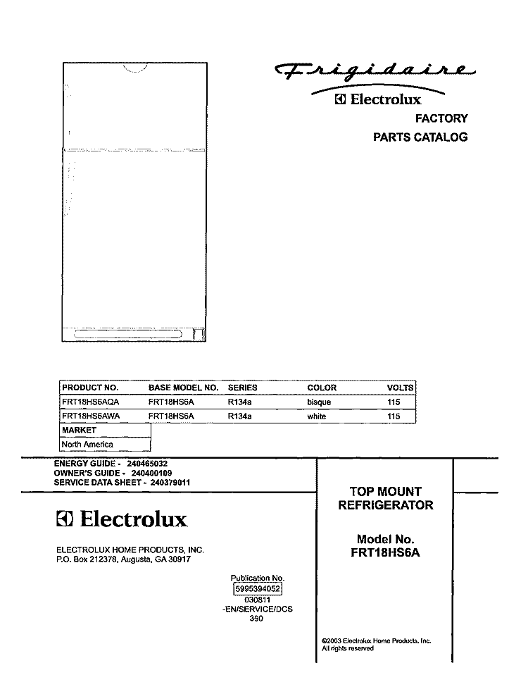 COVER Diagram and Parts List for FRT18HS6AWA  Frigidaire Refrigerator
