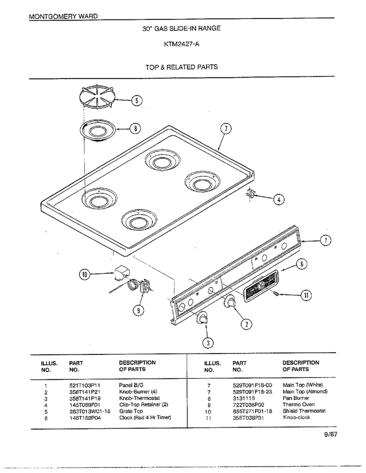 Top And Related Parts Diagram and Parts List for 2427A  Frigidaire Range
