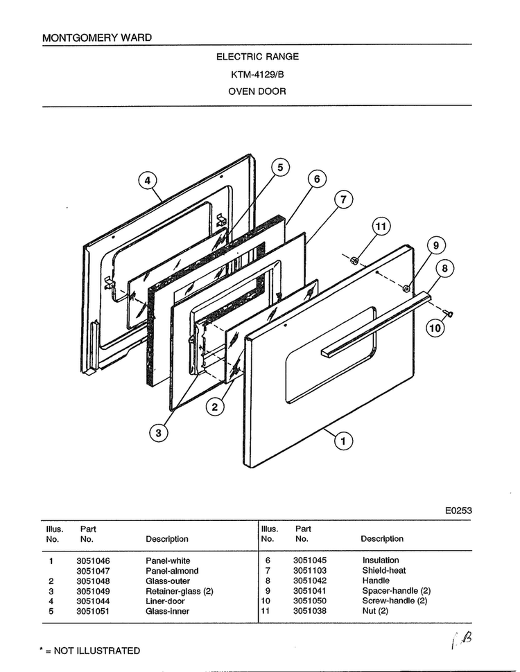 Electric Range/oven Door Diagram and Parts List for 4129B  Frigidaire Range