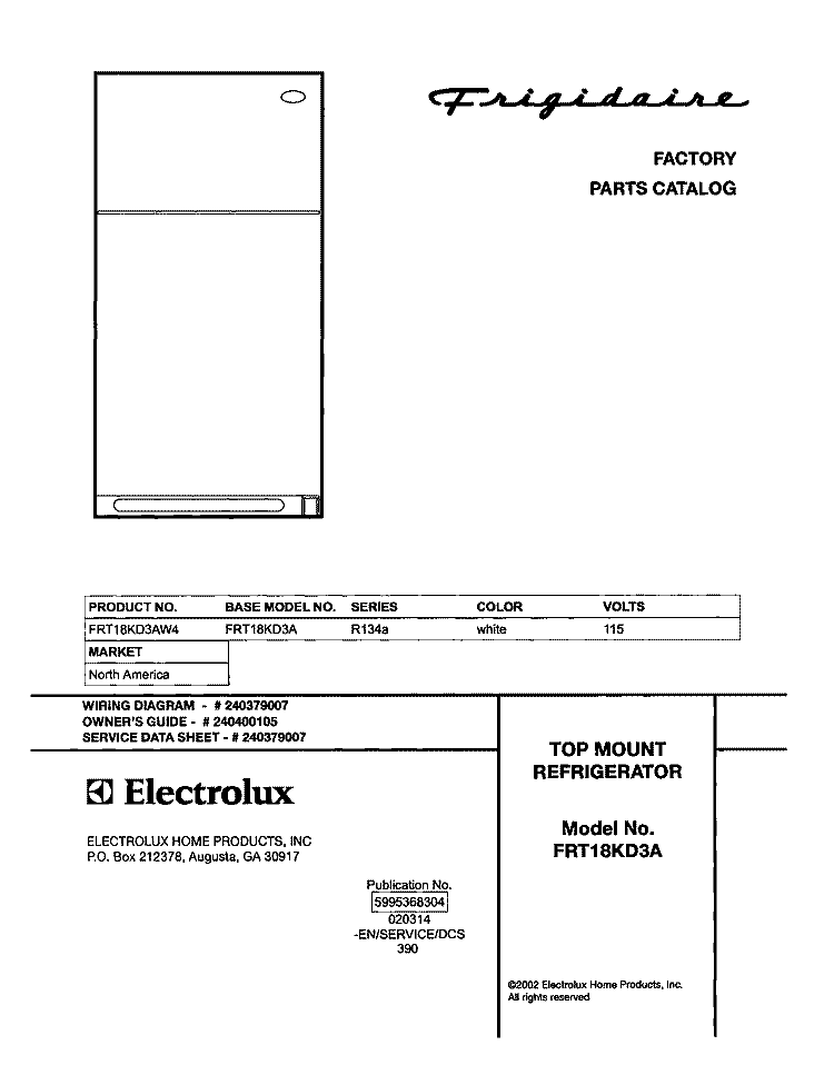 COVER Diagram and Parts List for FRT18KD3AW4  Frigidaire Refrigerator
