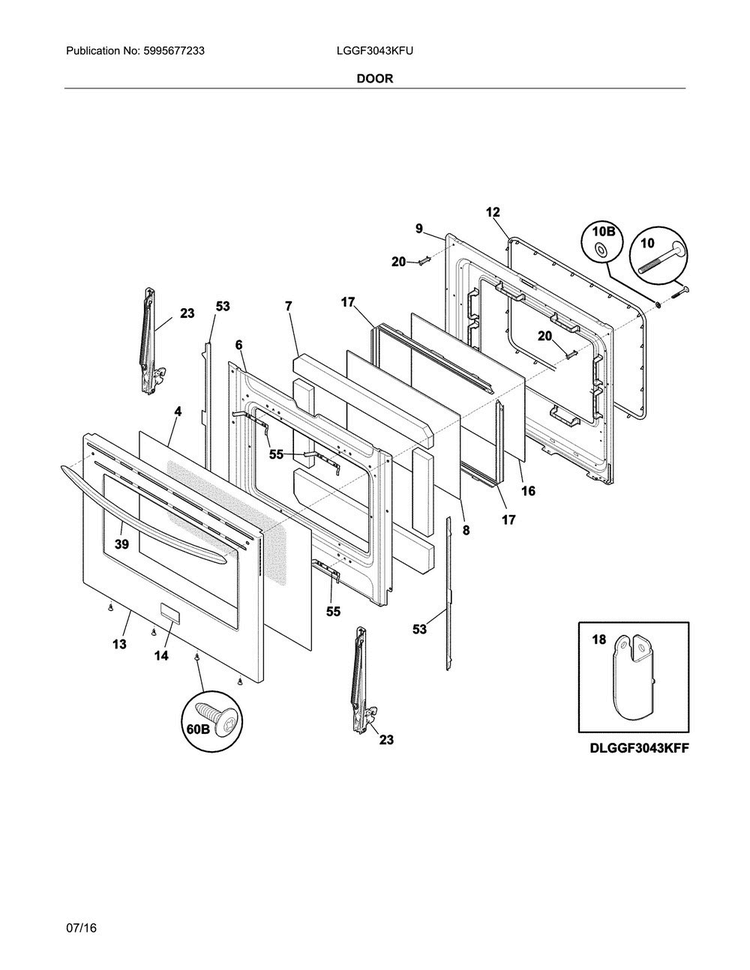 Door Diagram and Parts List for LGGF3043KFU  Frigidaire Range