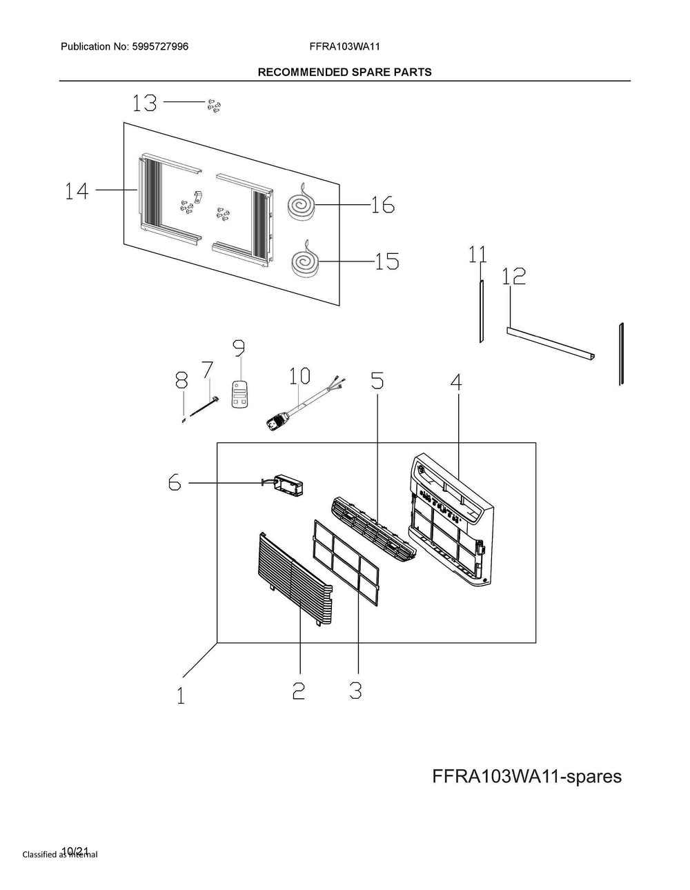 Spares Diagram and Parts List for FFRA103WA11  Electrolux Air Conditioner