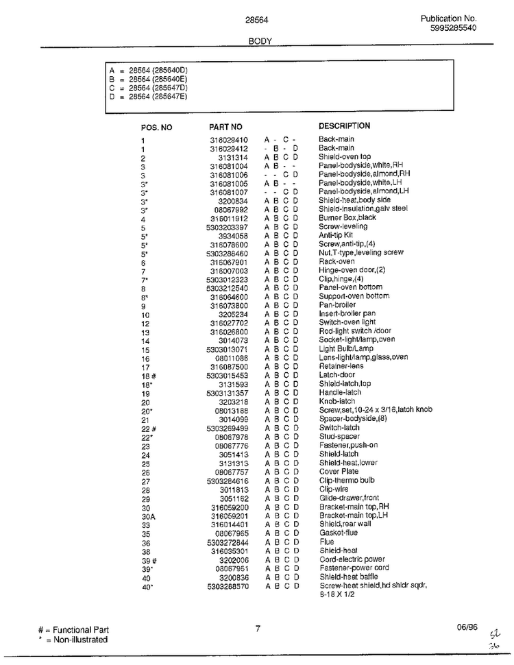 Body Page 2 Diagram and Parts List for 285647D  Frigidaire Range
