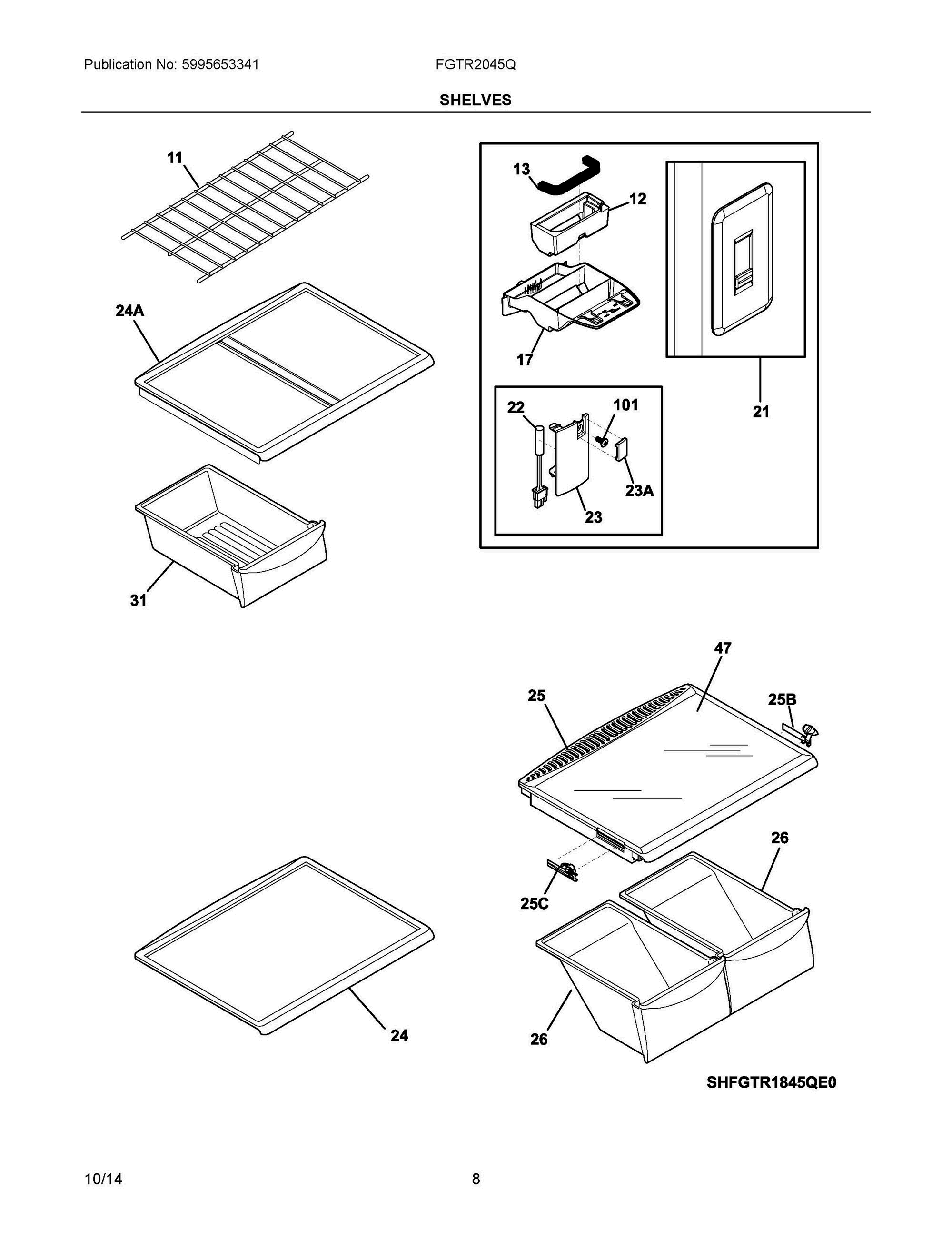 04 - SHELVES Diagram and Parts List for FGTR2045QP1  Frigidaire Refrigerator