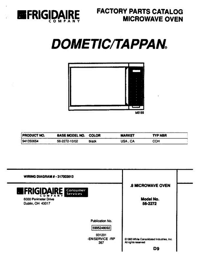 01 - Cover Diagram and Parts List for 56-2272-10 02 Frigidaire Microwave