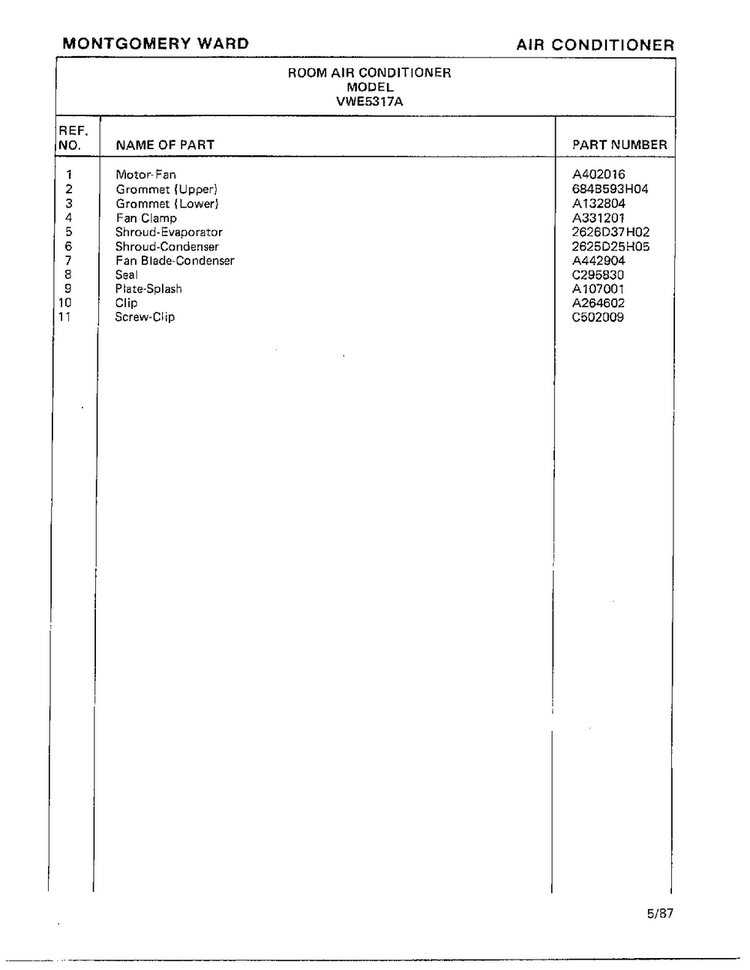Air Conditioner Page 6 Diagram and Parts List for 5317A  Frigidaire Air Conditioner