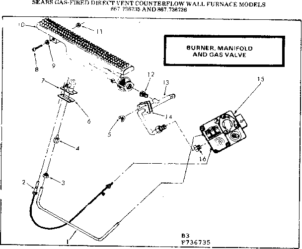 Burner manifold and gas valve Diagram and Parts List for 867736735  Frigidaire Furnace