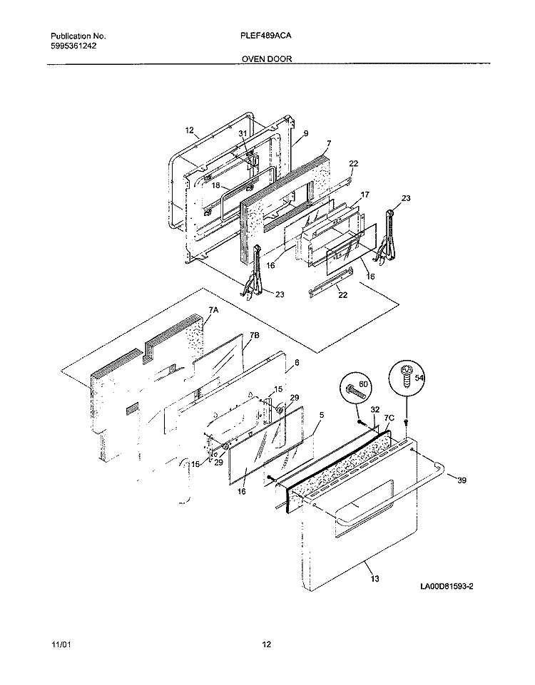 OVEN DOOR Diagram and Parts List for PLEF489ACA  Frigidaire Range