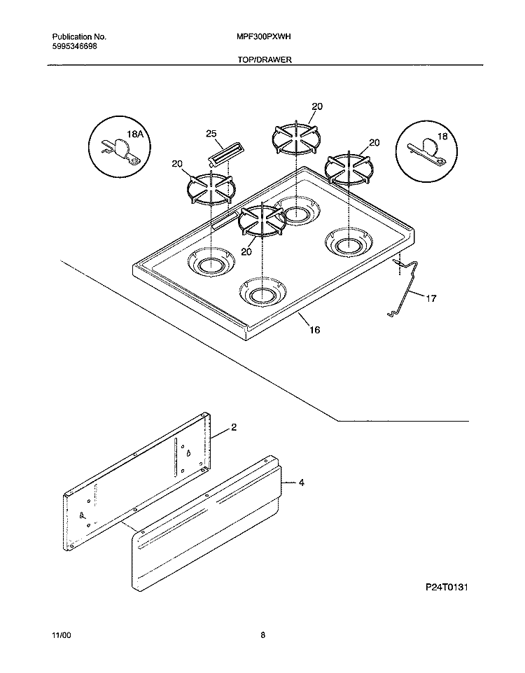 TOP / DRAWER Diagram and Parts List for MPF300PXWH  Uni Range