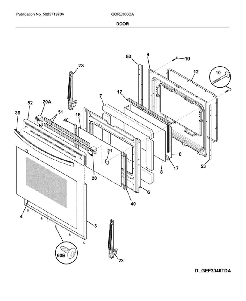 Door Diagram and Parts List for GCRE306CAFB  Frigidaire Range