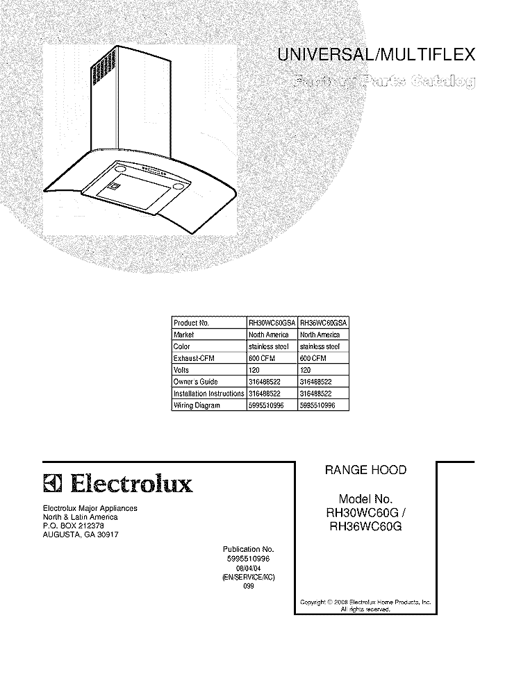 COVER Diagram and Parts List for RH36WC60GSA  Uni Range Hood