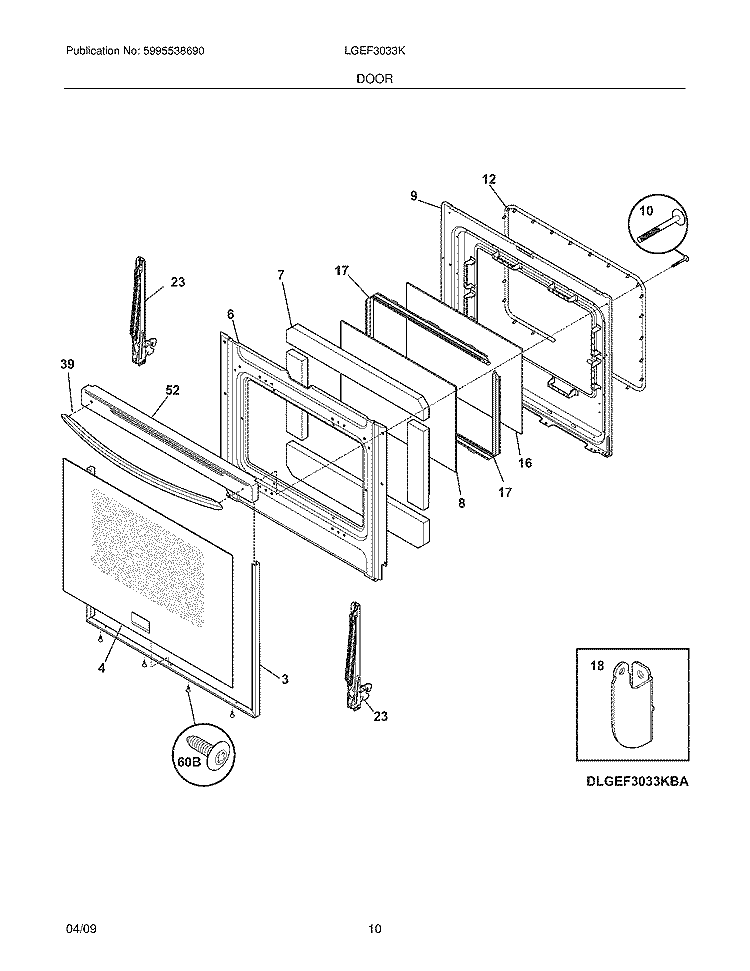DOOR Diagram and Parts List for LGEF3033KQA  Frigidaire Range