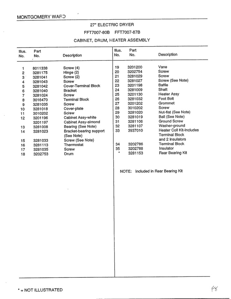 Cabinet, Drum, Heater Assembly Page 2 Diagram and Parts List for 7007B  Frigidaire Dryer