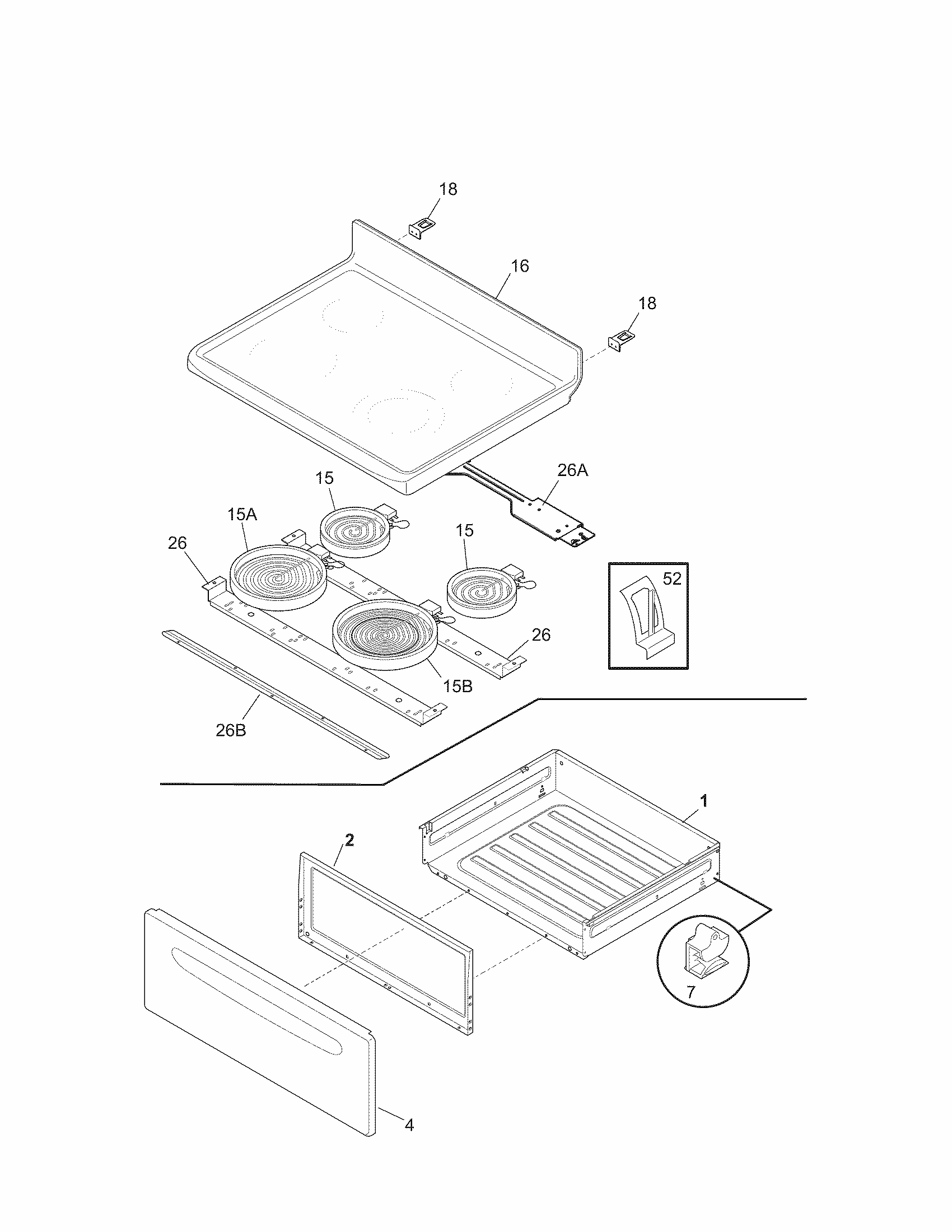 Top/drawer Diagram and Parts List for 79092204018  Kenmore Range