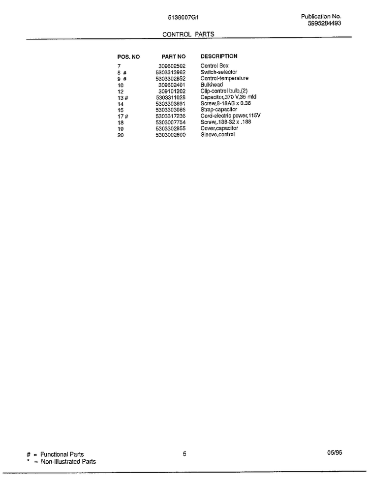 Control Parts Page 2 Diagram and Parts List for 5138007G1  Frigidaire Air Conditioner