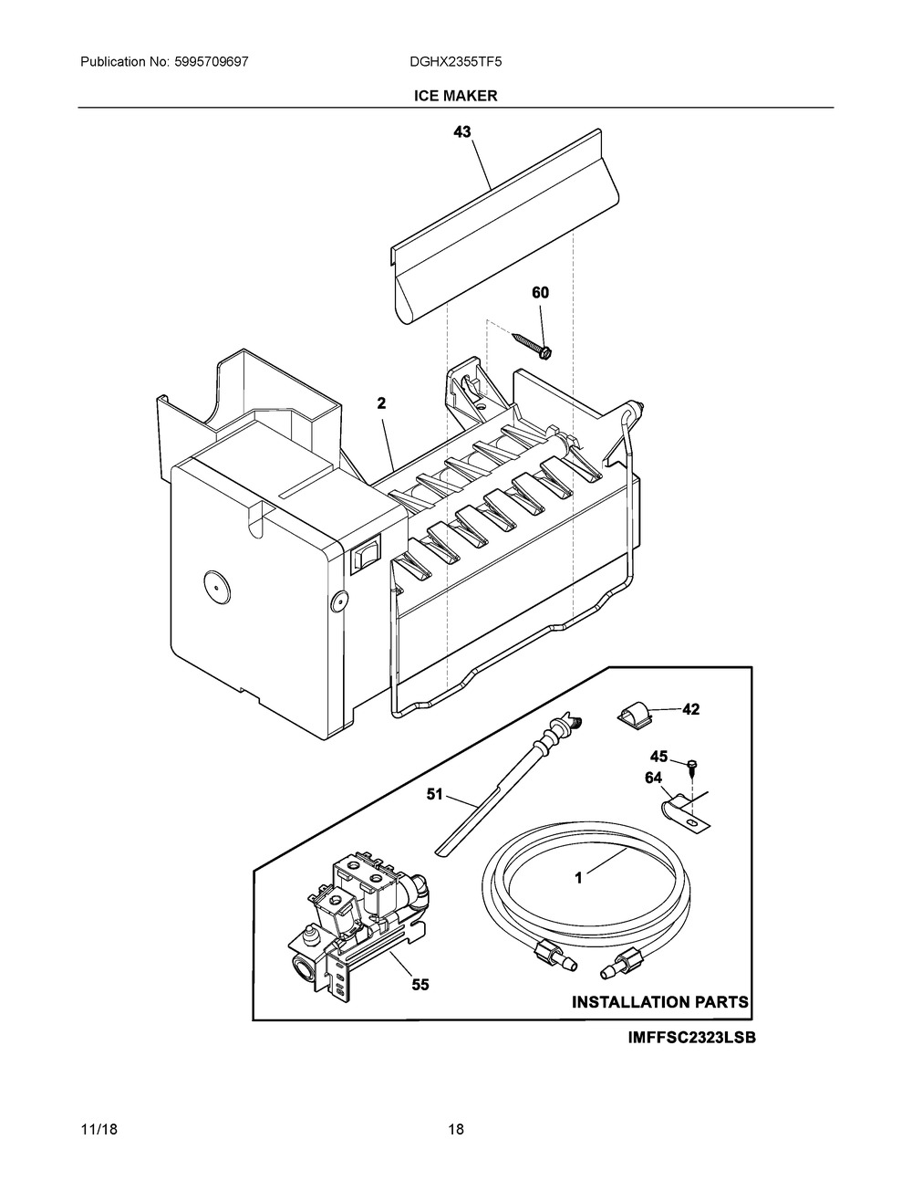 Ice Maker Diagram and Parts List for DGHX2355TF5  Frigidaire Refrigerator
