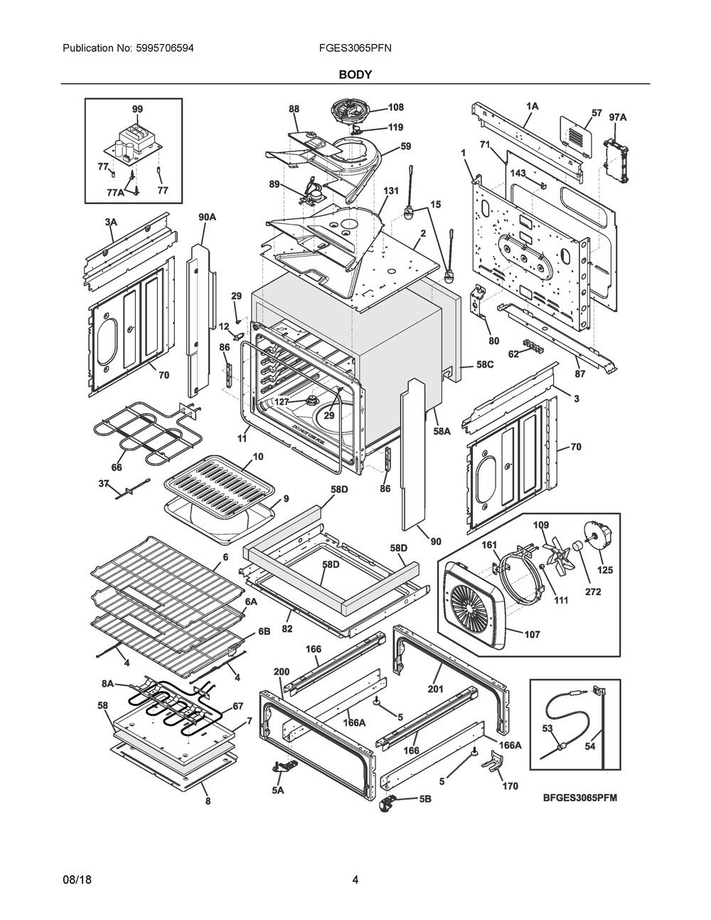 Body Diagram and Parts List for FGES3065PFN  Frigidaire Range