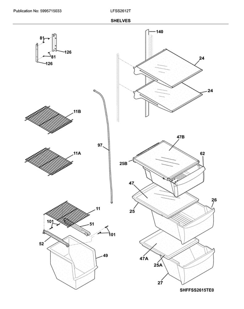 Shelves Diagram and Parts List for LFSS2612TE1  Frigidaire Refrigerator