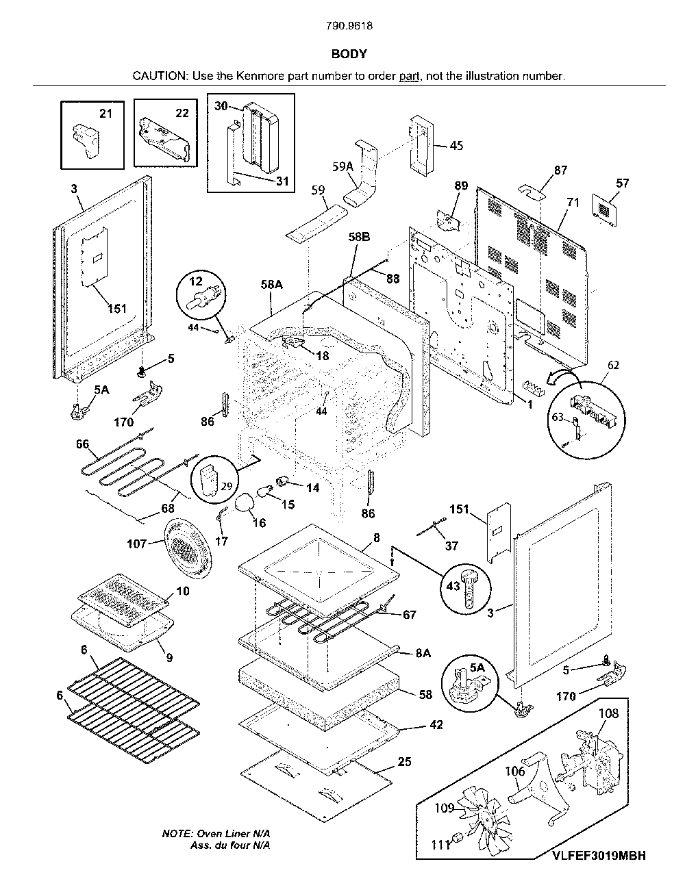 Body Diagram and Parts List for 79096182714  Kenmore Range