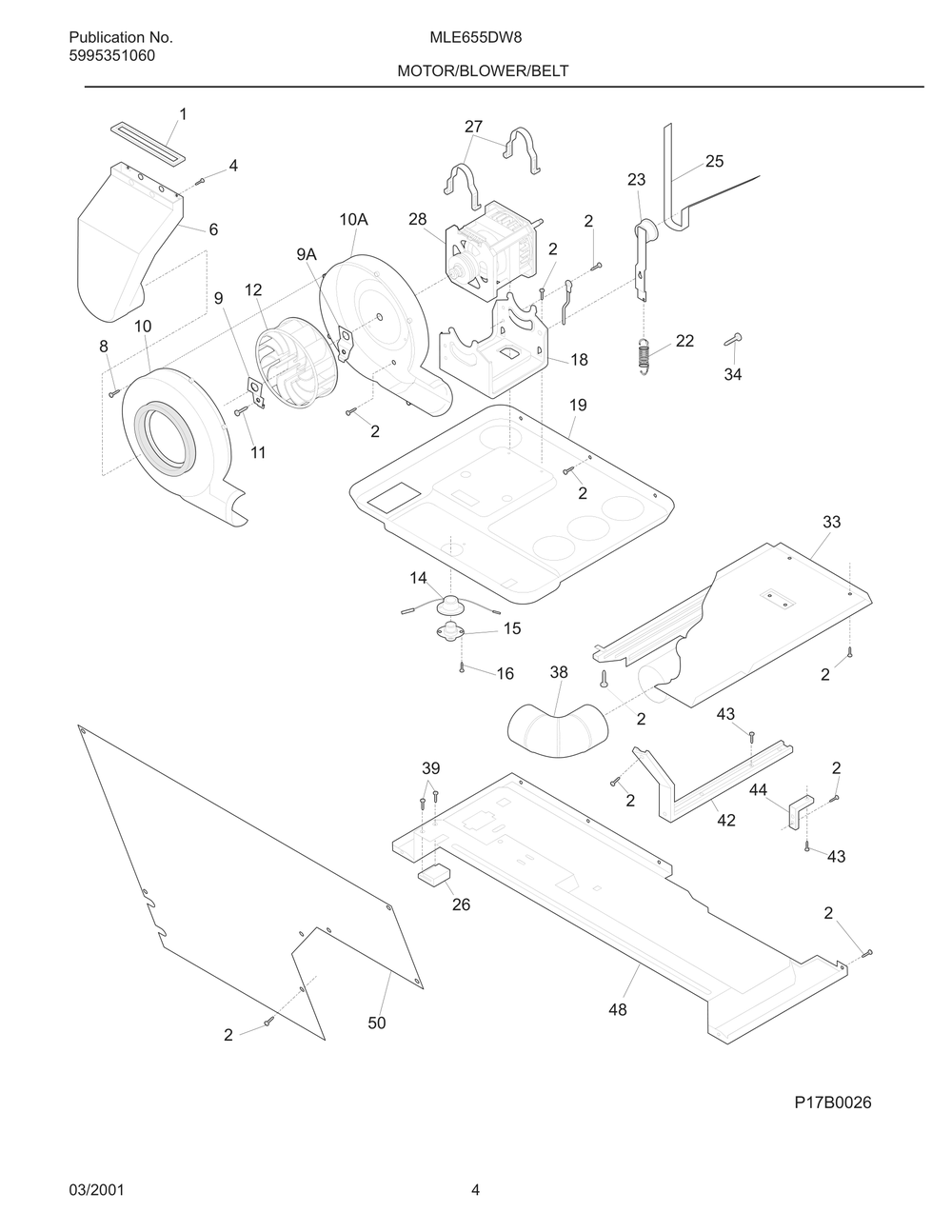 Motor/Blower/Belt Diagram and Parts List for MLE655DW8  Frigidaire Dryer