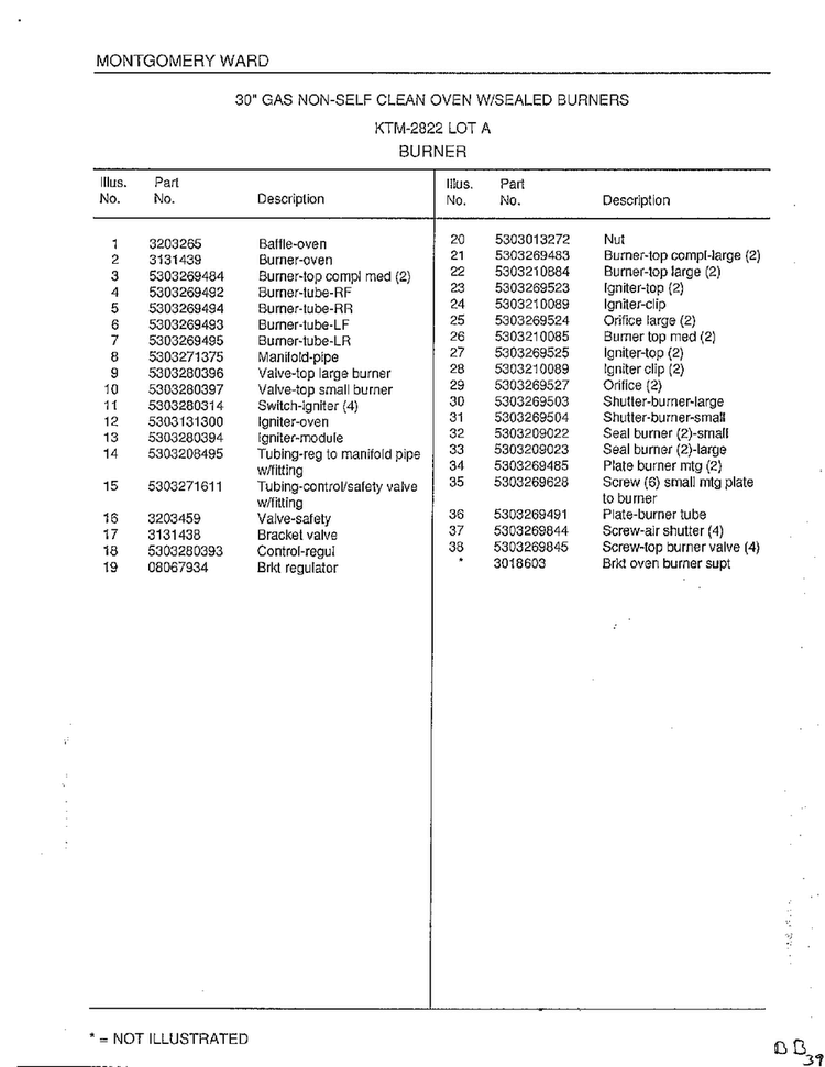 Burner Page 2 Diagram and Parts List for 2822A  Frigidaire Range