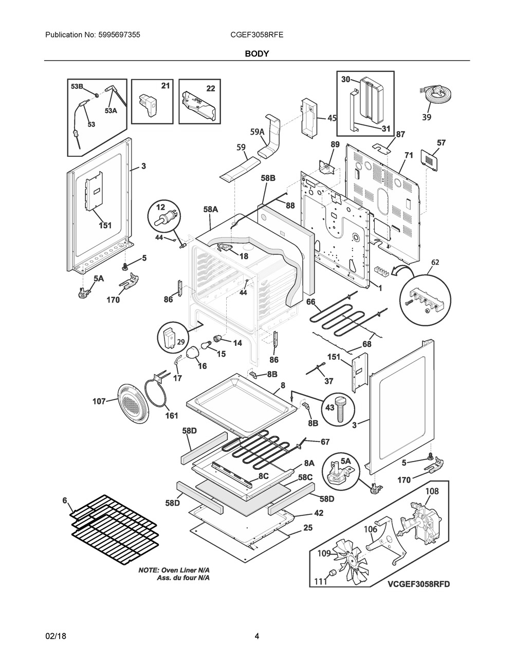 Body Diagram and Parts List for CGEF3058RFE  Frigidaire Range