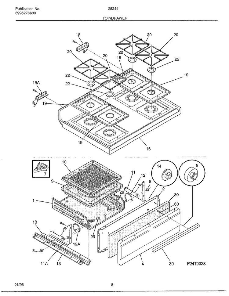 Top/drawer Diagram and Parts List for 283440B  Frigidaire Range